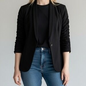 Beyove Womens Black Ruched 3/4 Sleeve Single Button Shawl Collar Blazer Size M